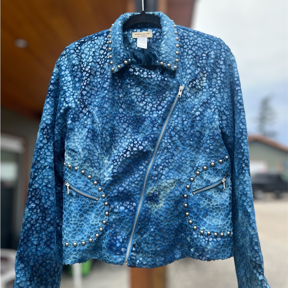 Moon Collection Blue Snakeskin Print Moto Jacket Studded Zip Up Statement Large